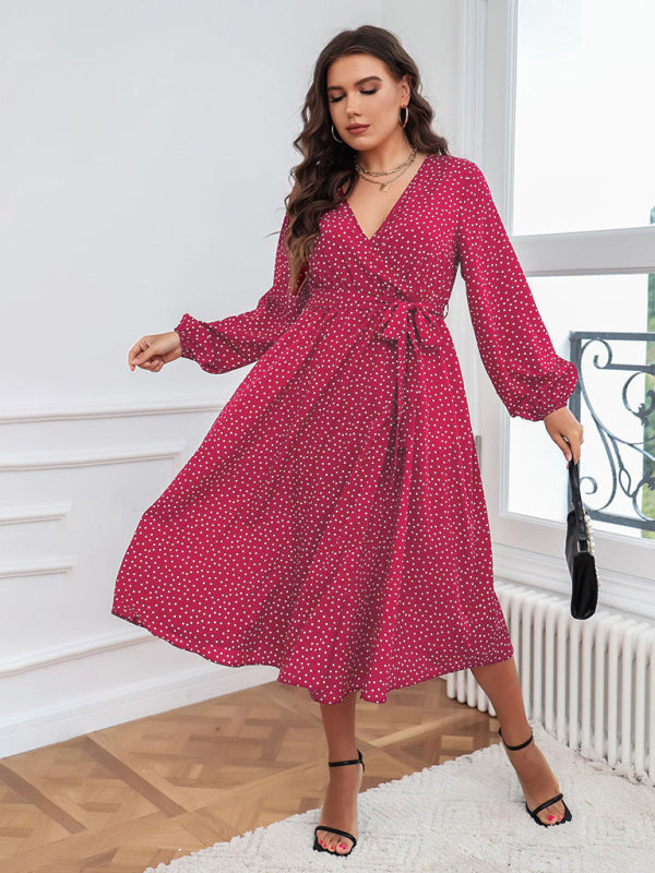 Plus size big pendulum polka dot long sleeve commuter red dress