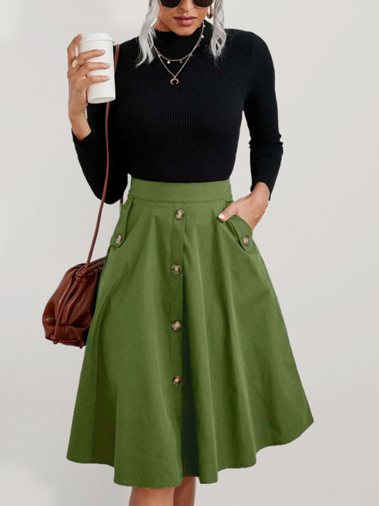 Women's Pocket Button Elegant Midi Skirt