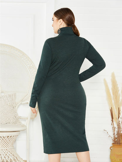 Women's Plus Size Solid Color Knit Turtleneck Long Sleeve Dress