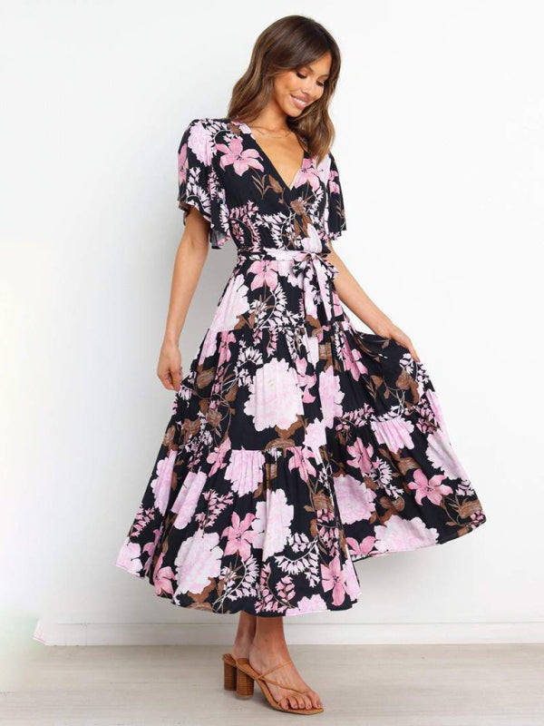 New Short Sleeve Printed Dress V Neck Holiday Elegant Romantic Dress