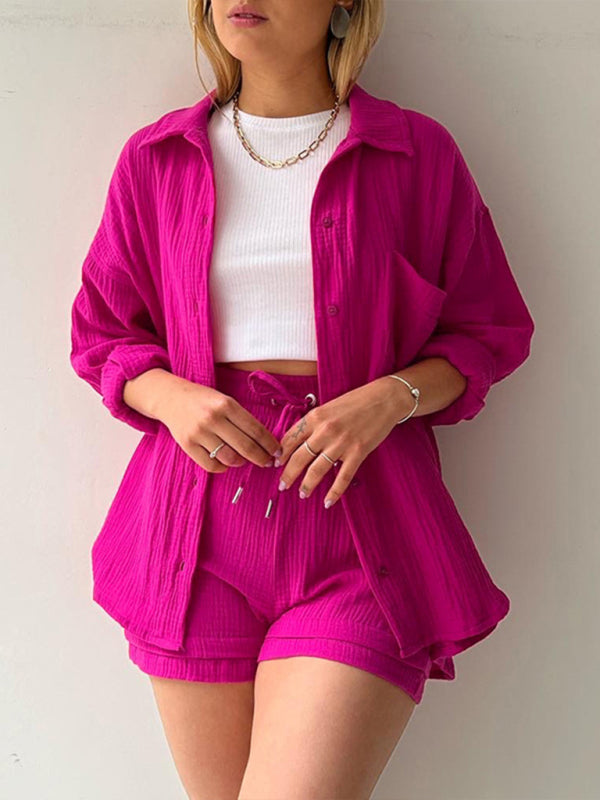 Women's solid color lapel collar shirt & shorts two-piece sets