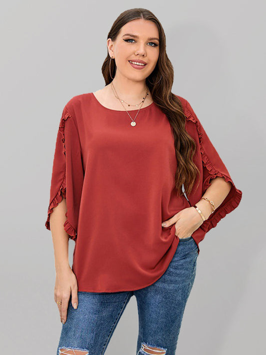 Plus Size Ladies Shirt Red Half Sleeve Loose Top