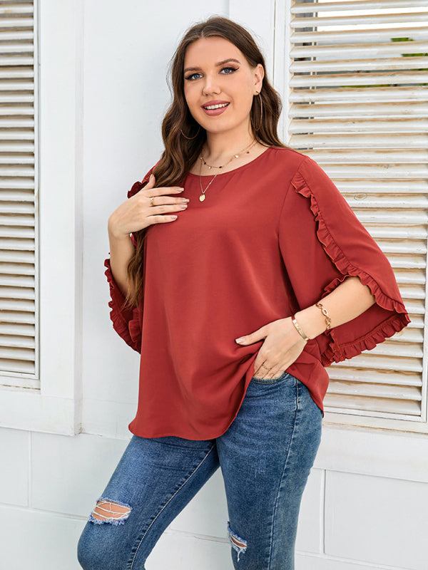 Plus Size Ladies Shirt Red Half Sleeve Loose Top