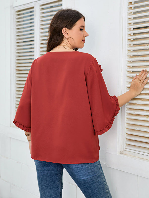 Plus Size Ladies Shirt Red Half Sleeve Loose Top