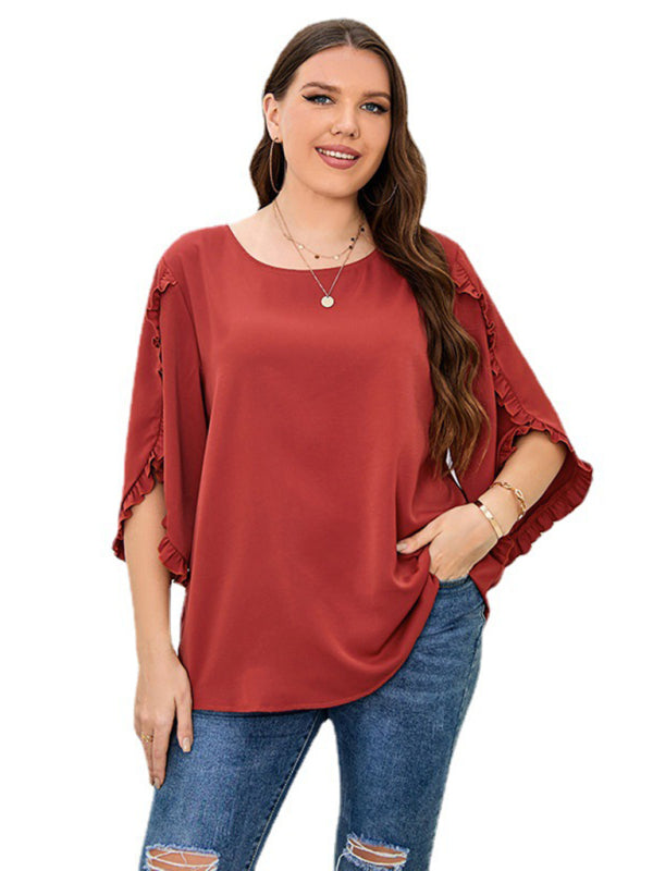 Plus Size Ladies Shirt Red Half Sleeve Loose Top