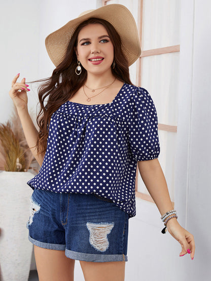 Large size women's chiffon short woven round neck plaid temperament commuter polka dot shirt