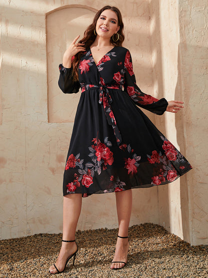 Plus Size Sexy V Neck Floral Print Tie Slim Dress