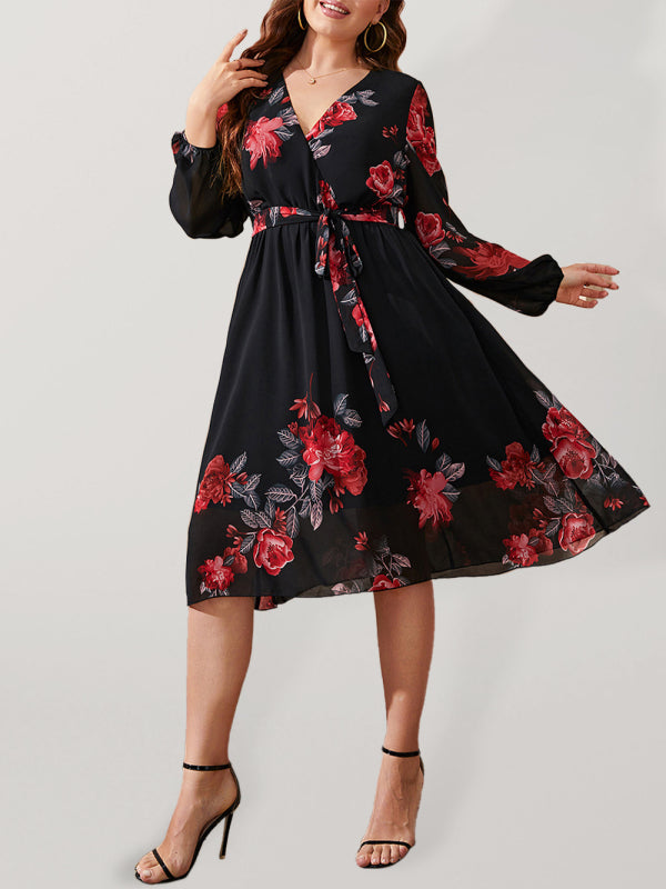 Plus Size Sexy V Neck Floral Print Tie Slim Dress