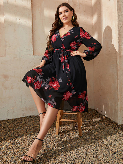 Plus Size Sexy V Neck Floral Print Tie Slim Dress