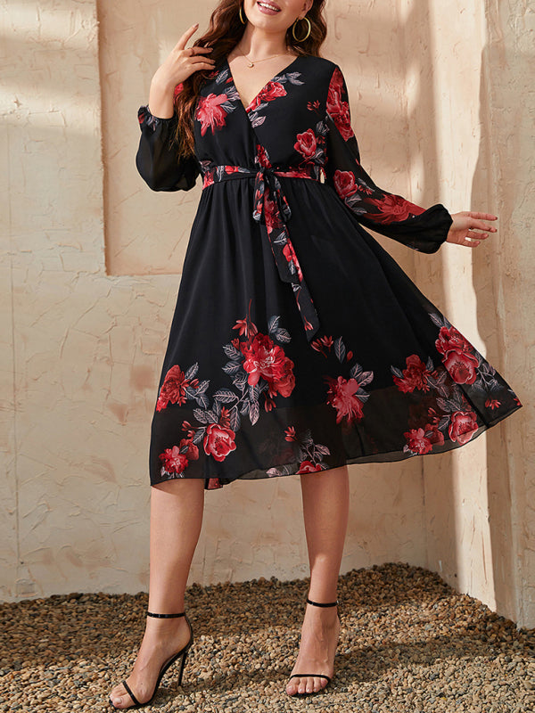 Plus Size Sexy V Neck Floral Print Tie Slim Dress