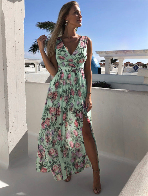 Elegant Floral Print Chiffon Dress Sleeveless Vacation Beach Slit Maxi Dress