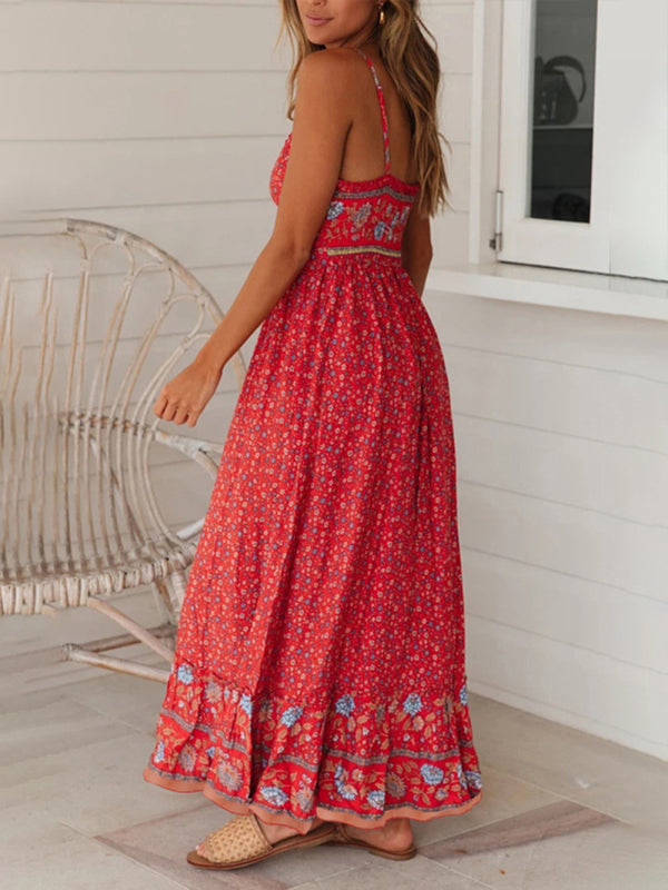 Summer new big swing skirt Bohemian V-neck suspender floral dress