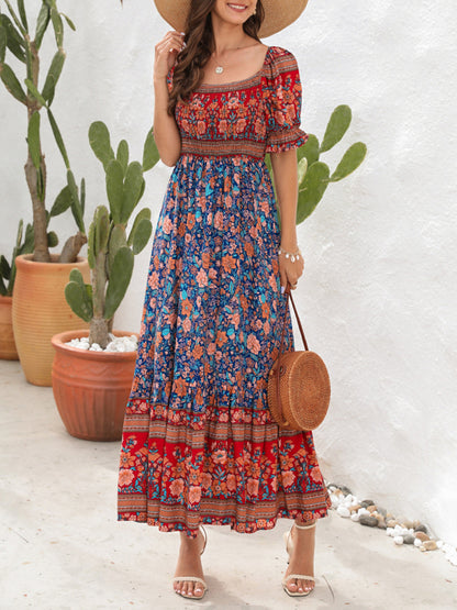 Boho Beach Vacation Dress Off-Shoulder Puff Sleeve Floral Midi Dress