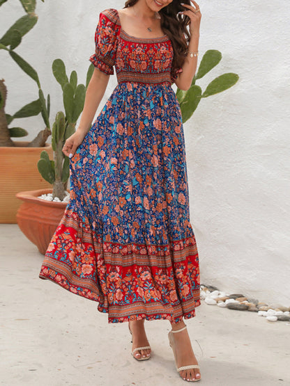 Boho Beach Vacation Dress Off-Shoulder Puff Sleeve Floral Midi Dress