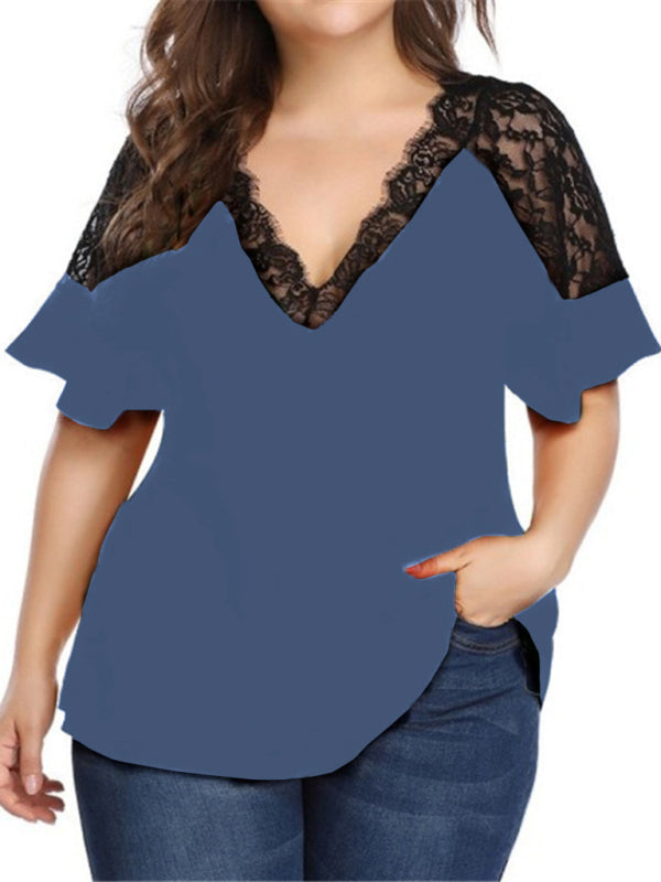 New large size V-neck short-sleeved women's stitching lace solid color top