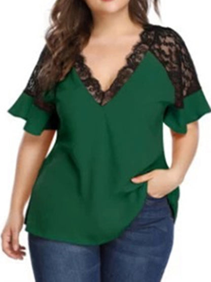 New large size V-neck short-sleeved women's stitching lace solid color top