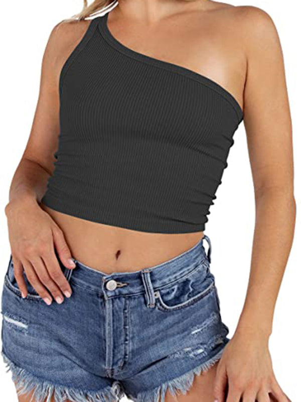 Women's Spring Off Shoulder Crop Tank Top Rib Casual Slim T-Shirt