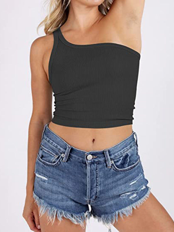 Women's Spring Off Shoulder Crop Tank Top Rib Casual Slim T-Shirt