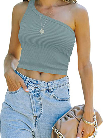 Women's Spring Off Shoulder Crop Tank Top Rib Casual Slim T-Shirt