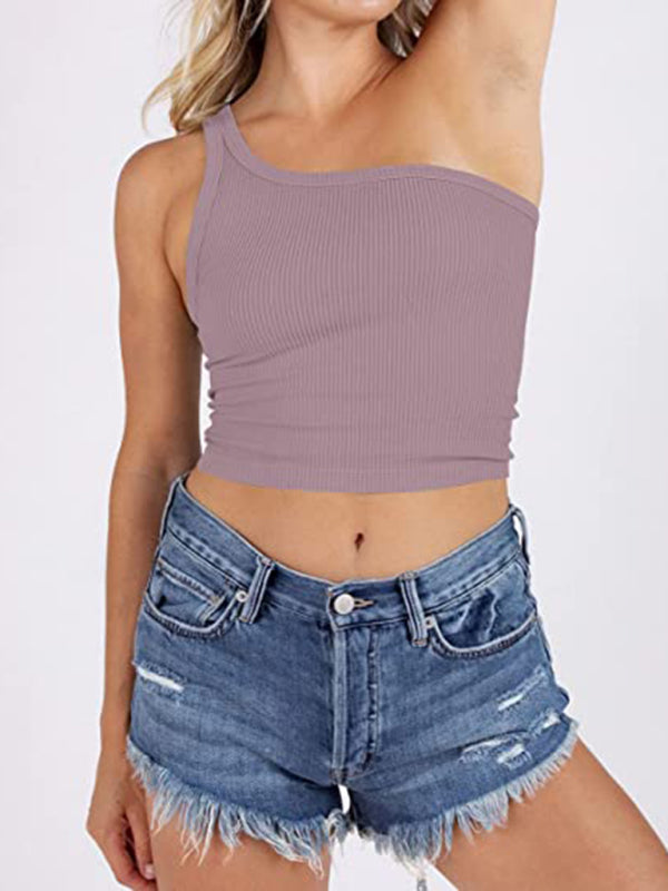 Women's Spring Off Shoulder Crop Tank Top Rib Casual Slim T-Shirt