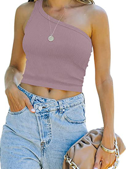 Women's Spring Off Shoulder Crop Tank Top Rib Casual Slim T-Shirt