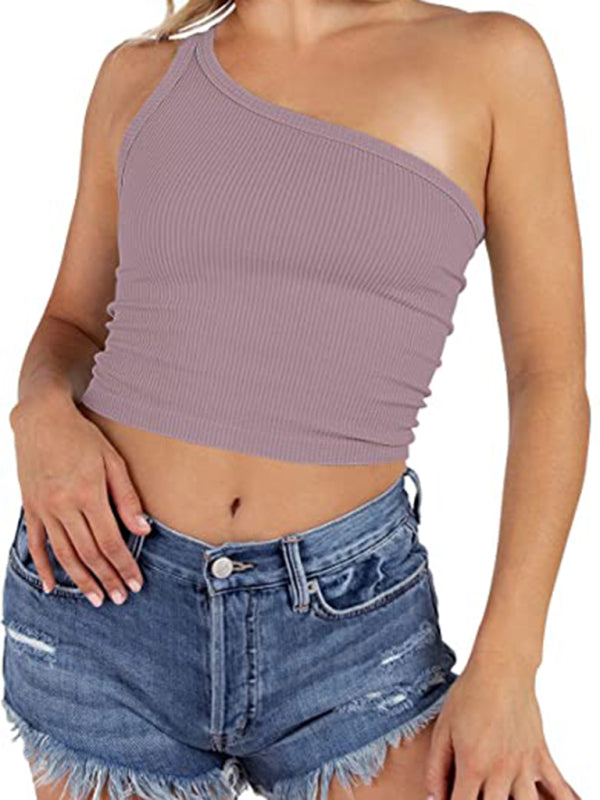 Women's Spring Off Shoulder Crop Tank Top Rib Casual Slim T-Shirt