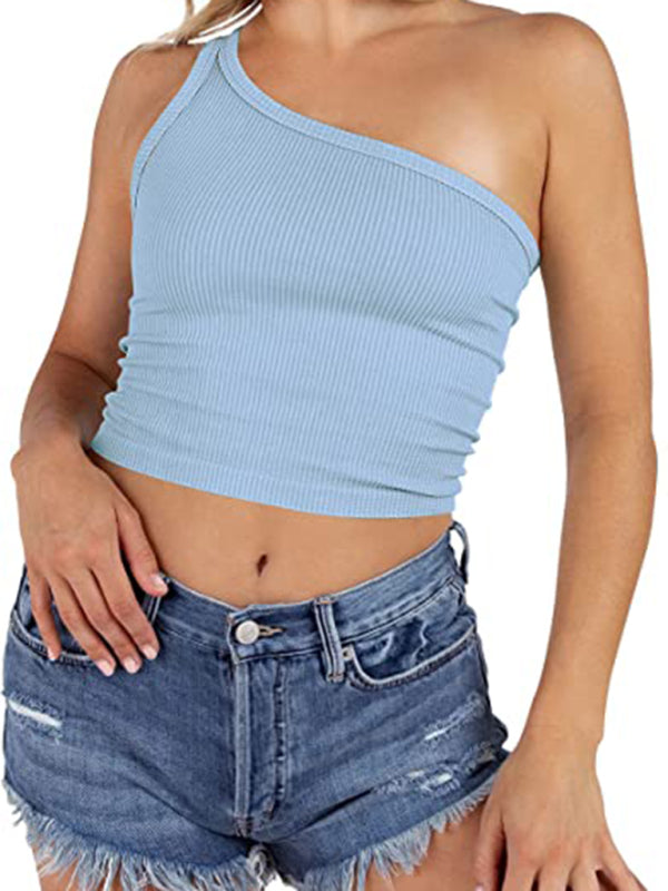 Women's Spring Off Shoulder Crop Tank Top Rib Casual Slim T-Shirt