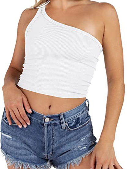 Women's Spring Off Shoulder Crop Tank Top Rib Casual Slim T-Shirt