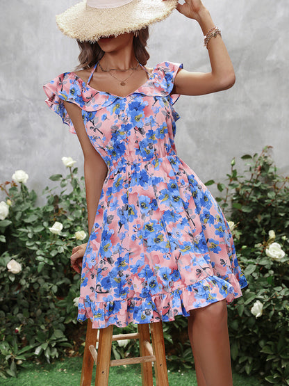 New Women's Dress V Neck Fashion Print Ruffle Dress