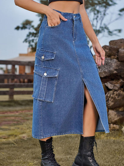 Elastic Waist Denim Cargo Casual Midi Skirt