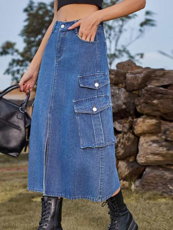 Elastic Waist Denim Cargo Casual Midi Skirt