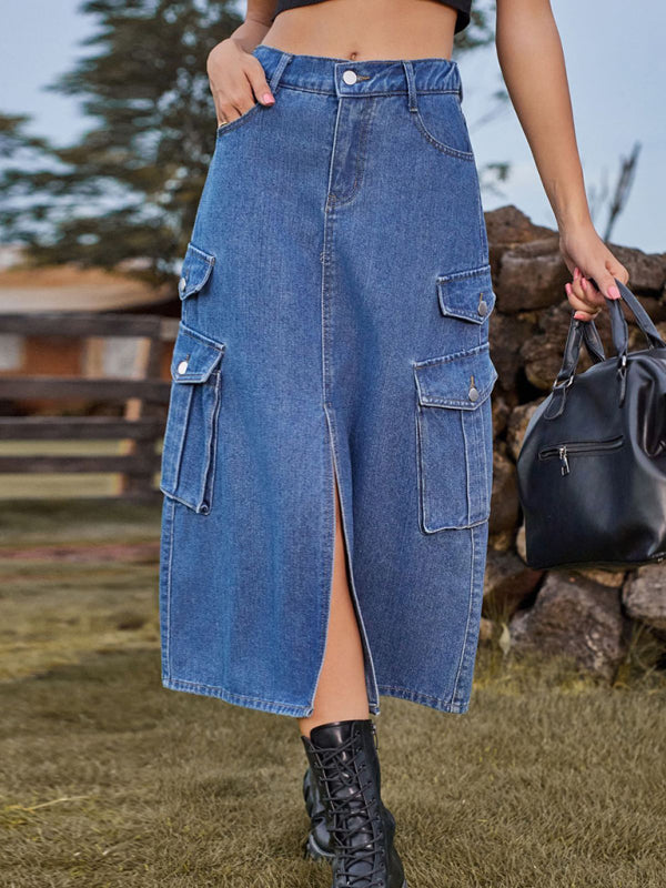 Elastic Waist Denim Cargo Casual Midi Skirt