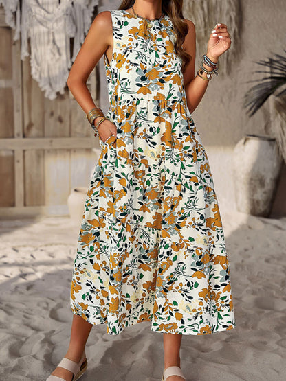 Spring and summer halter neck loose holiday multi-layer print dress