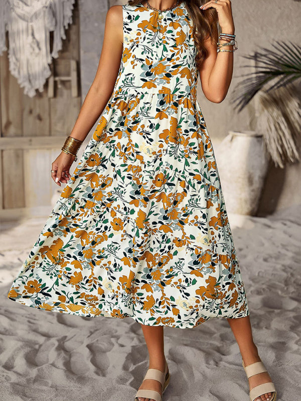 Spring and summer halter neck loose holiday multi-layer print dress