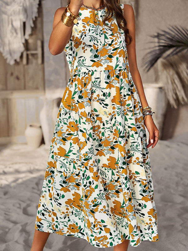 Spring and summer halter neck loose holiday multi-layer print dress