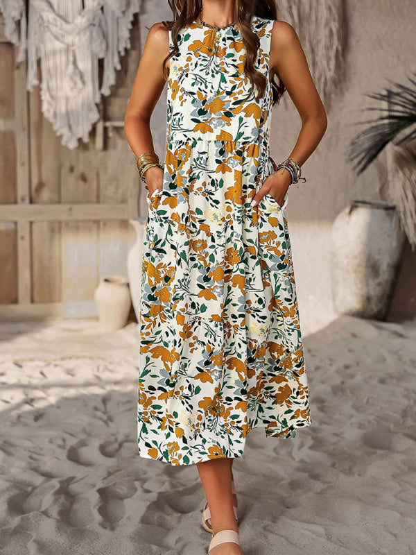 Spring and summer halter neck loose holiday multi-layer print dress