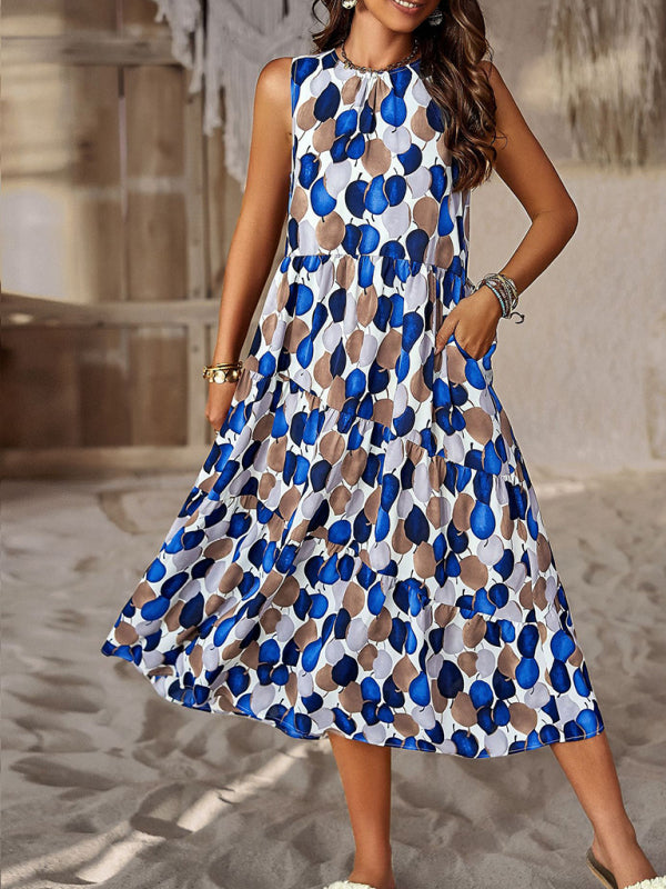 Spring and summer halter neck loose holiday multi-layer print dress