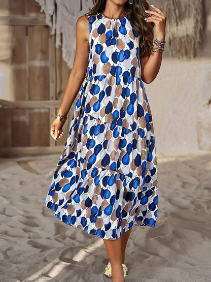 Spring and summer halter neck loose holiday multi-layer print dress