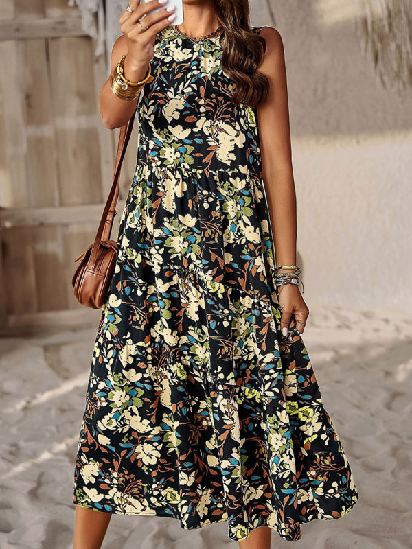 Spring and summer halter neck loose holiday multi-layer print dress