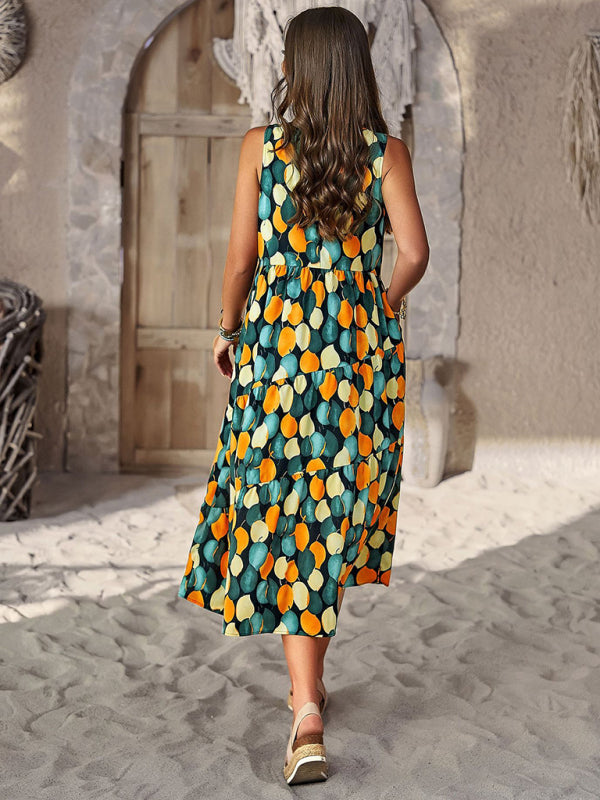 Spring and summer halter neck loose holiday multi-layer print dress