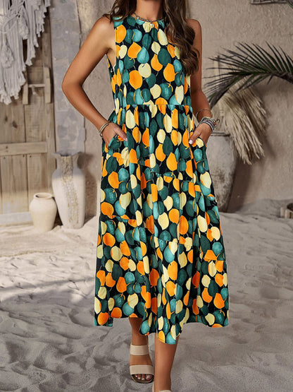 Spring and summer halter neck loose holiday multi-layer print dress