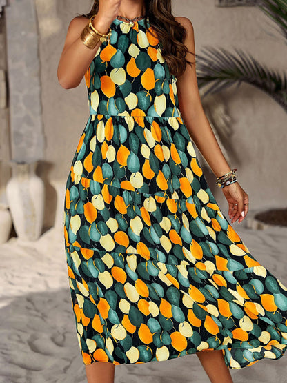 Spring and summer halter neck loose holiday multi-layer print dress