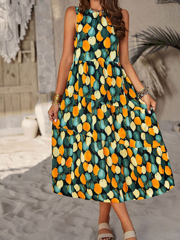 Spring and summer halter neck loose holiday multi-layer print dress