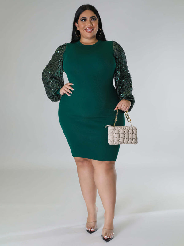 New Plus Size Ladies Sexy Solid Color Sequin Puff Sleeve Dress