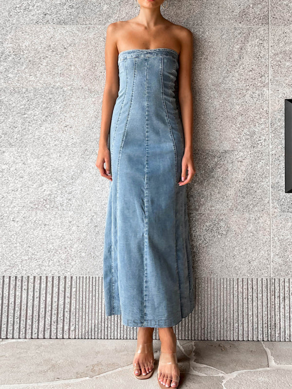 Women's sexy hottie denim tube top dress tight slimming slit long skirt