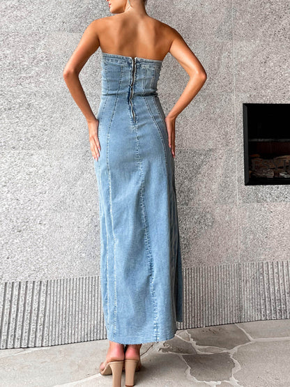 Women's sexy hottie denim tube top dress tight slimming slit long skirt