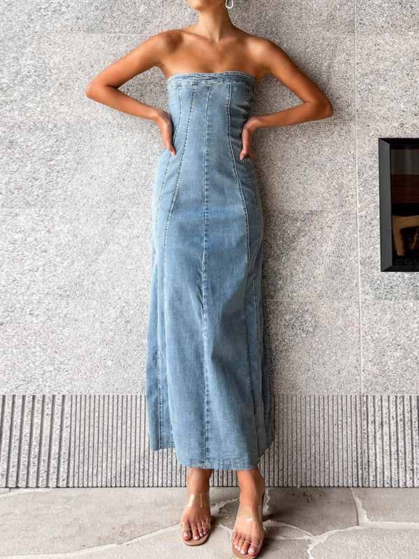 Women's sexy hottie denim tube top dress tight slimming slit long skirt