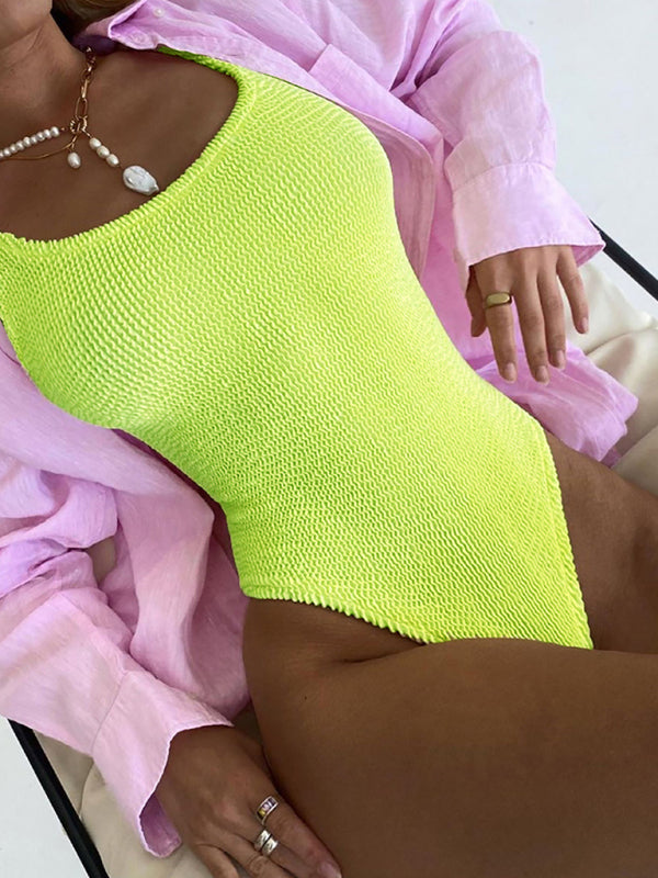 Women's Candy Color Fluorescent Pleated Fabric One-Piece Swimsuit