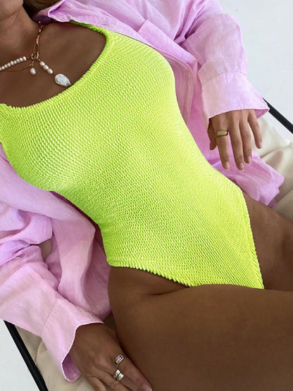 Women's Candy Color Fluorescent Pleated Fabric One-Piece Swimsuit