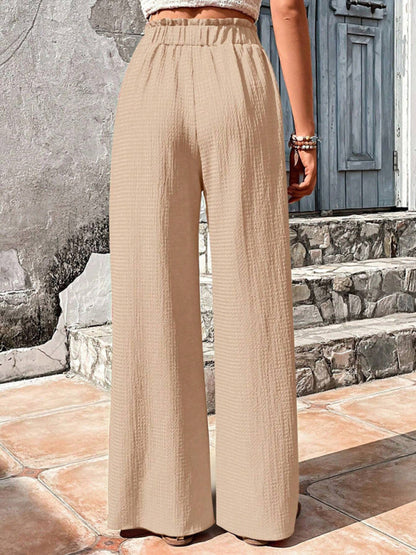 Elastic waist puff plaid casual wide leg pants